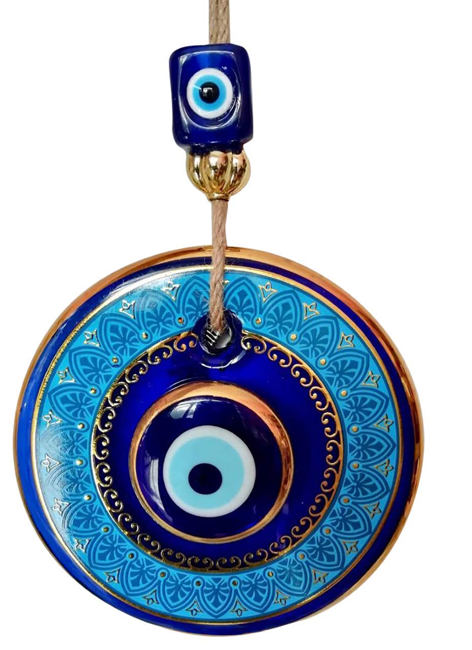 HamamTamamHamamTamam Hamam Tamam 14 cm Diameter, Large Size Golden Gilted Glass Blue Evil Eye Bead, Wall Hanging Ornament,Turkish Nazar Bead, Home Protection Good Luck Charm, Wall and Door Decor Amulet