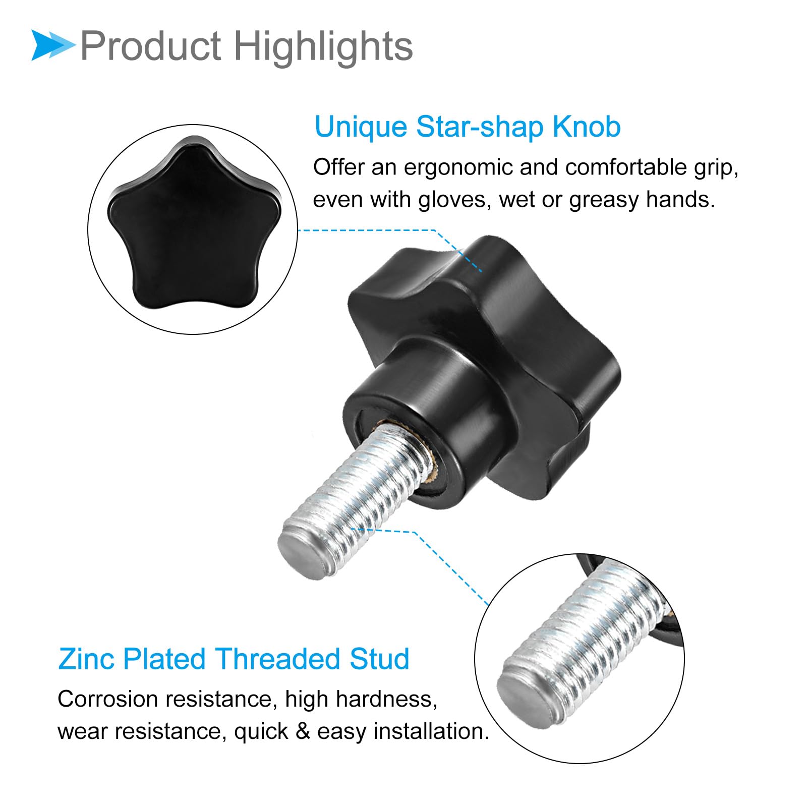 CoCud Star Clamping Knobs, M12 x 30mm Male Thread 48mm Head, Plastic Thumb Screw Grip Hand Knobs Threaded Bolt Black - Image 4