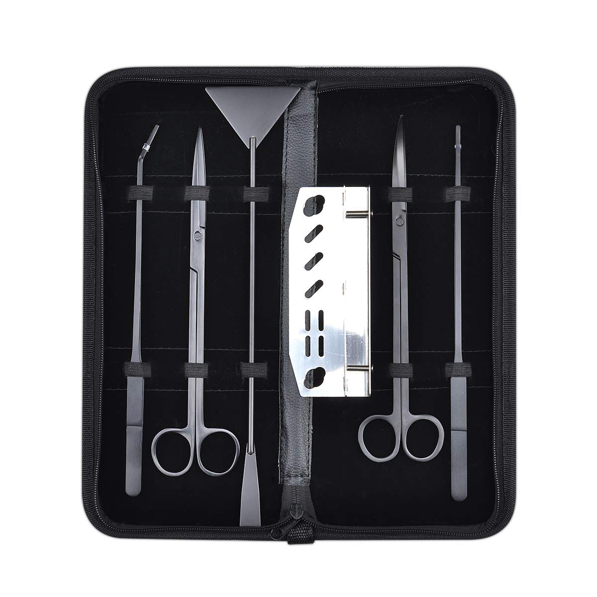 Kit 5 in 1 per acquario con forbici dritte e curve, spatola substrato, pinzette dritte e curve, set di attrezzi per piante acquatiche in acciaio inox, con supporto e custodia