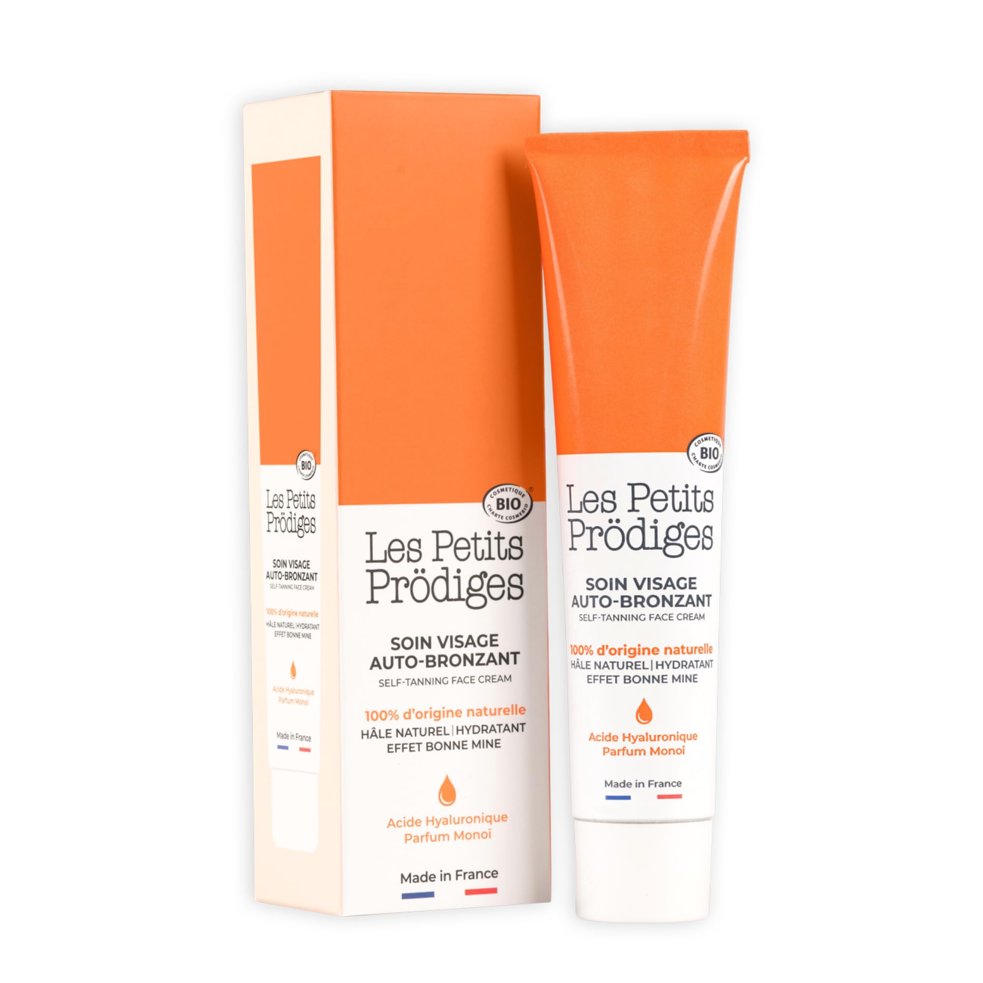 LES PETITS PRODIGES Auto bronzant Soin Visage Hydratant - Hâle Progressif et Durable sans Soleil - Senteur Monoï 100% d'Origine Naturelle, Certifié Bio, Emballage recyclable -​Fabriqué en France - 40ml