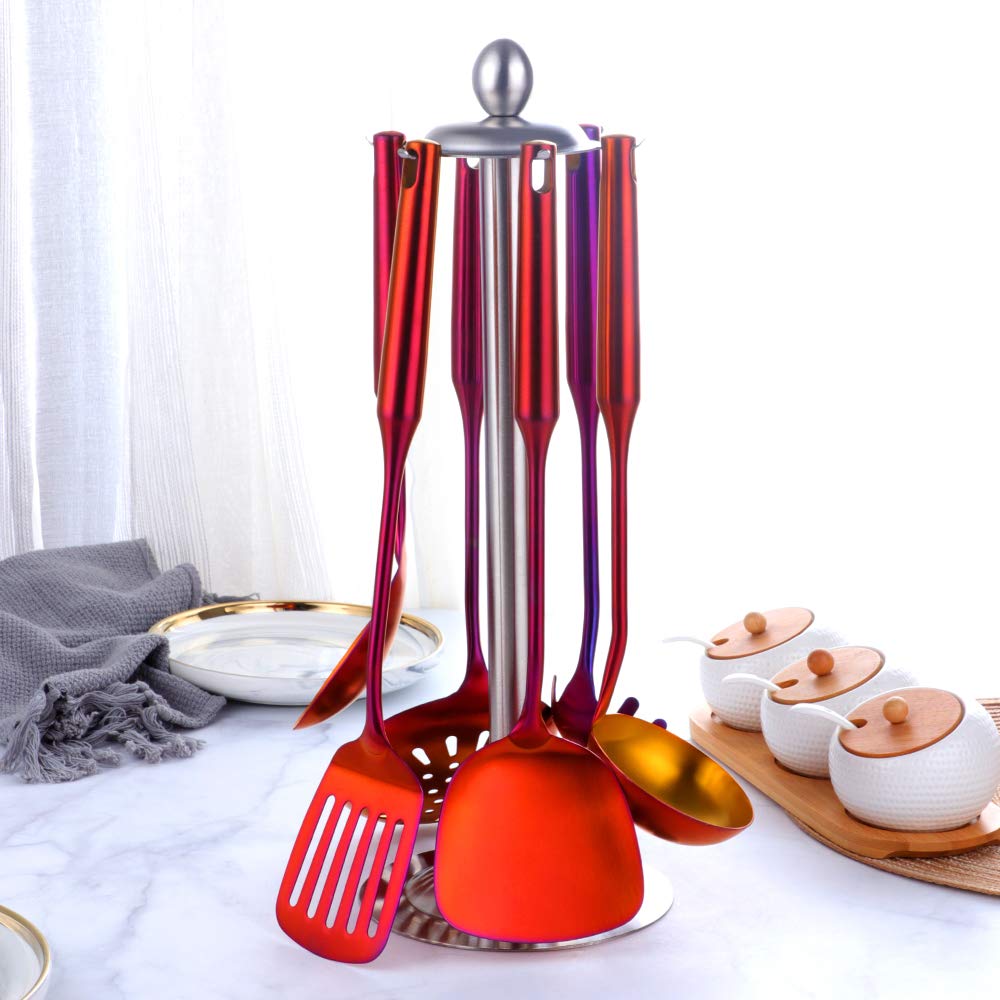 Ustensiles de cuisine 6 pièces acier inoxydable Écumoire Louche Spatule de Cuisine Tourneur à fente Riz Pasta Server avec support
