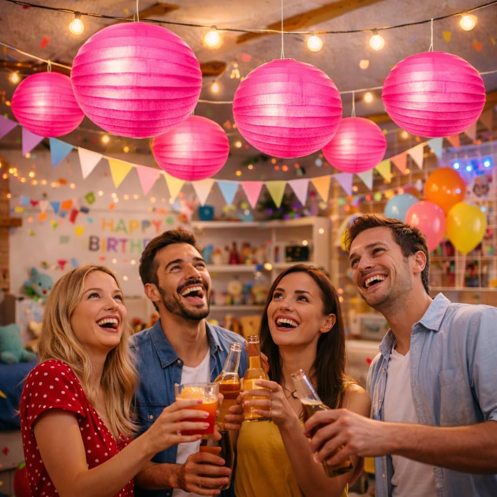 Hot Pink Magenta Paper Lantern Decoration for Birthday or Party Diameter 25 cm Flame Retardant with Metal Hanger Paper Lantern Pink Lanterns Party Decoration Colour: Magenta