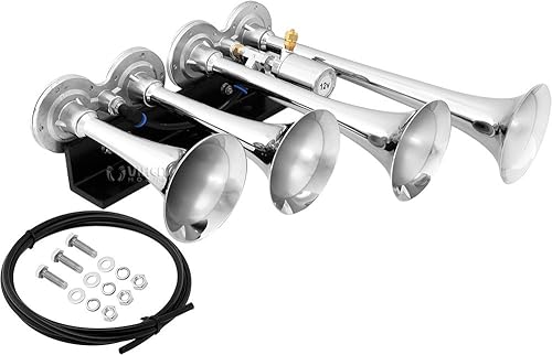 Vixen Horns Bocina de tren para camión/coche. 4 trompetas cromadas con bocina de aire. Db súper fuerte. Se adapta a vehículos de 12 V como