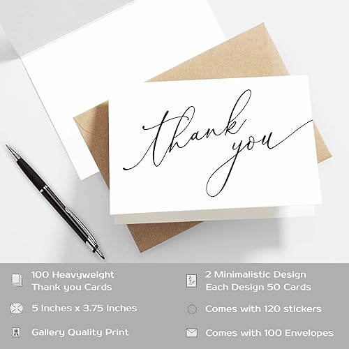 Miniatura 6 de Tarjetas de agradecimiento con sobres y calcomanías Kraft paquete de 100 unidades 5 x 375 pulgadas diseño minimalista notas en blanco para