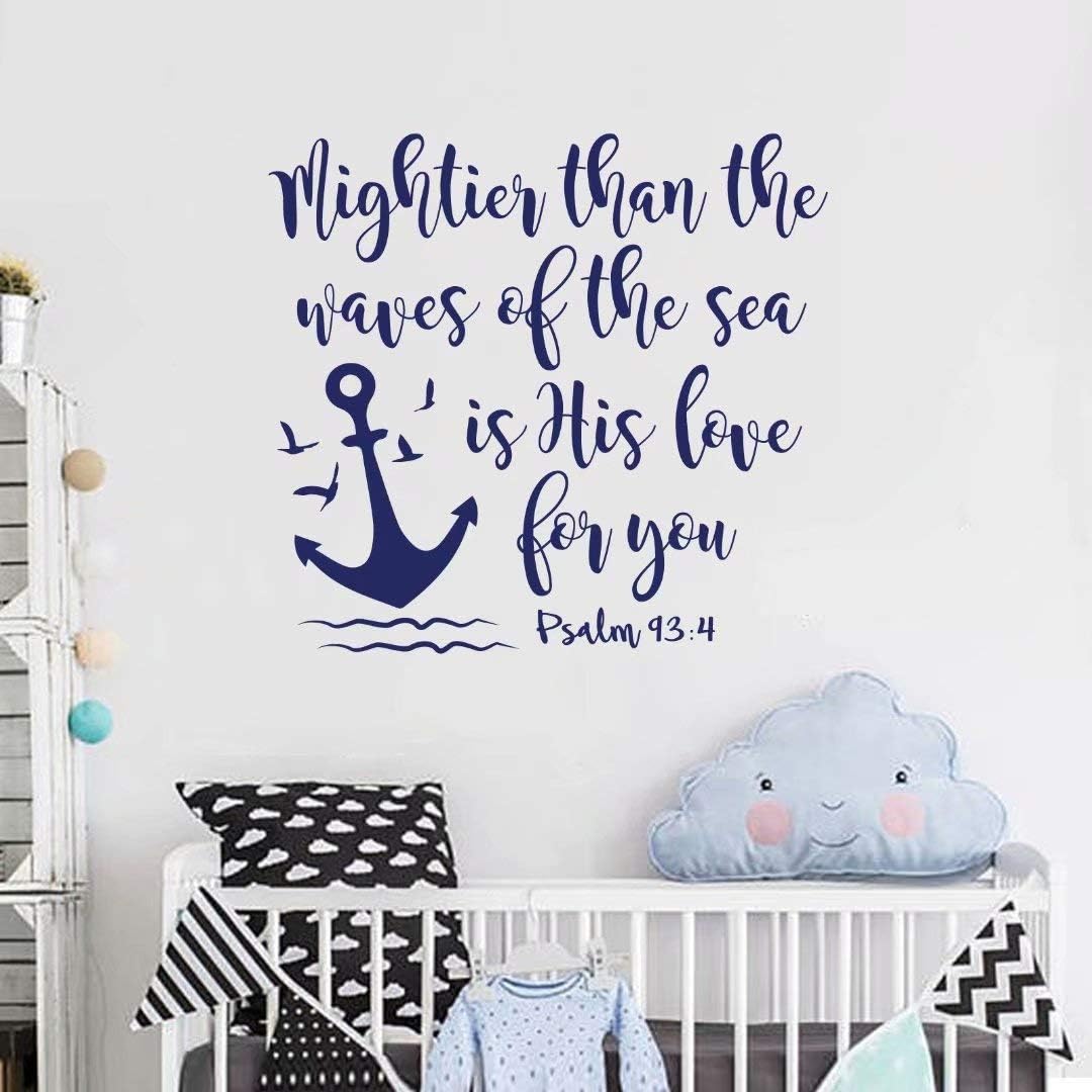 BATTOO Bible Verse Wall Decal Mightier Than The Waves of The Sea is His Love for You- Scripture Wall Decal Psalm 93:4- Nautical Nursery Wall Decal Quote(Navy Blue, 16" WX15 H)