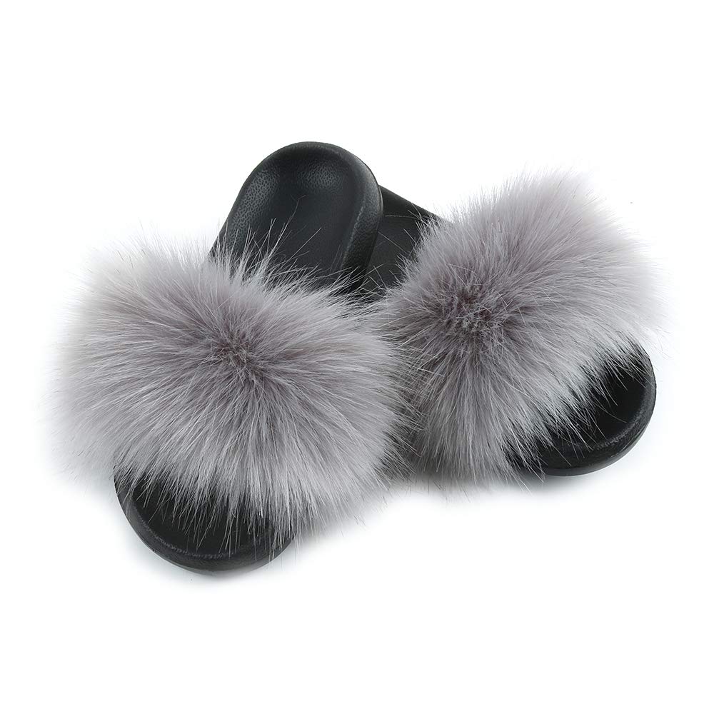 Hiser Women Fluffy Faux Fur Slipper Sliders, Ladies Furry Open Toe House Slippers Cozy Comfy Non Slip Sliders for Walking Indoor Outdoor (Gray,UK3.5-4/250)