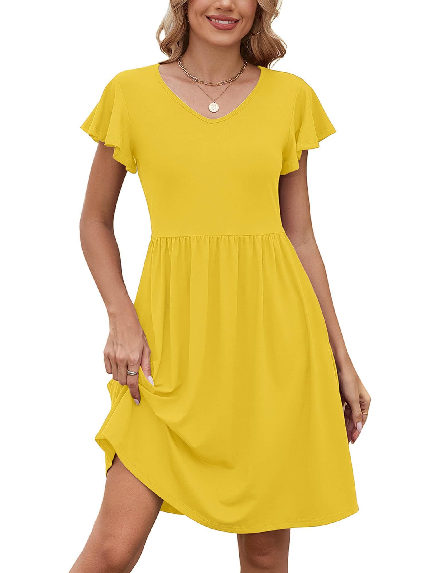 Heymoments Women Summer Dress Yellow Large Ruffle Sleeve V Neck Casual Cute Loose Sundress Comfy Swing Midi Work Flowy Tunic Ladies Beach Vacation Teacher Dresses with Pockets