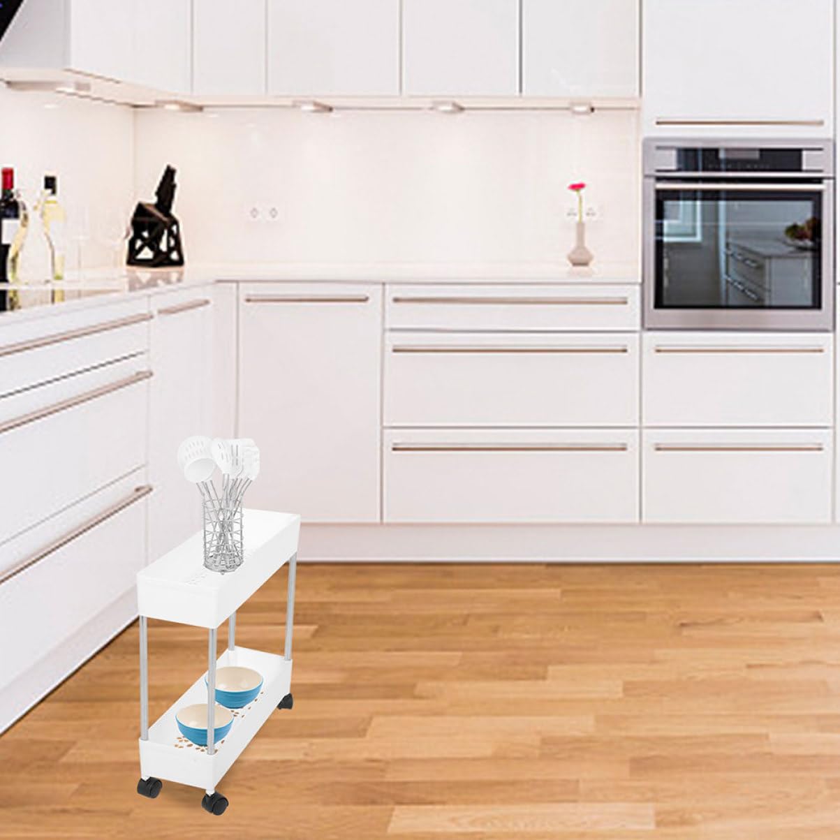 Carrello Portatutto a 3 Livelli Ruote, Struttura in Plastica e Ferro, Salvaspazio per Cucina e Bagno, Bianco