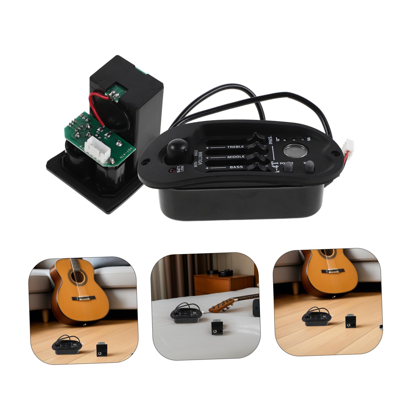 minkissy Set 1 Preamplificatore Pickup per Chitarra Acustica ed Elettrica con Equalizzatore a 4 Bande, Sintonizzatore Lcd, Plastico e Metallo, per Registrazioni e Performance Live