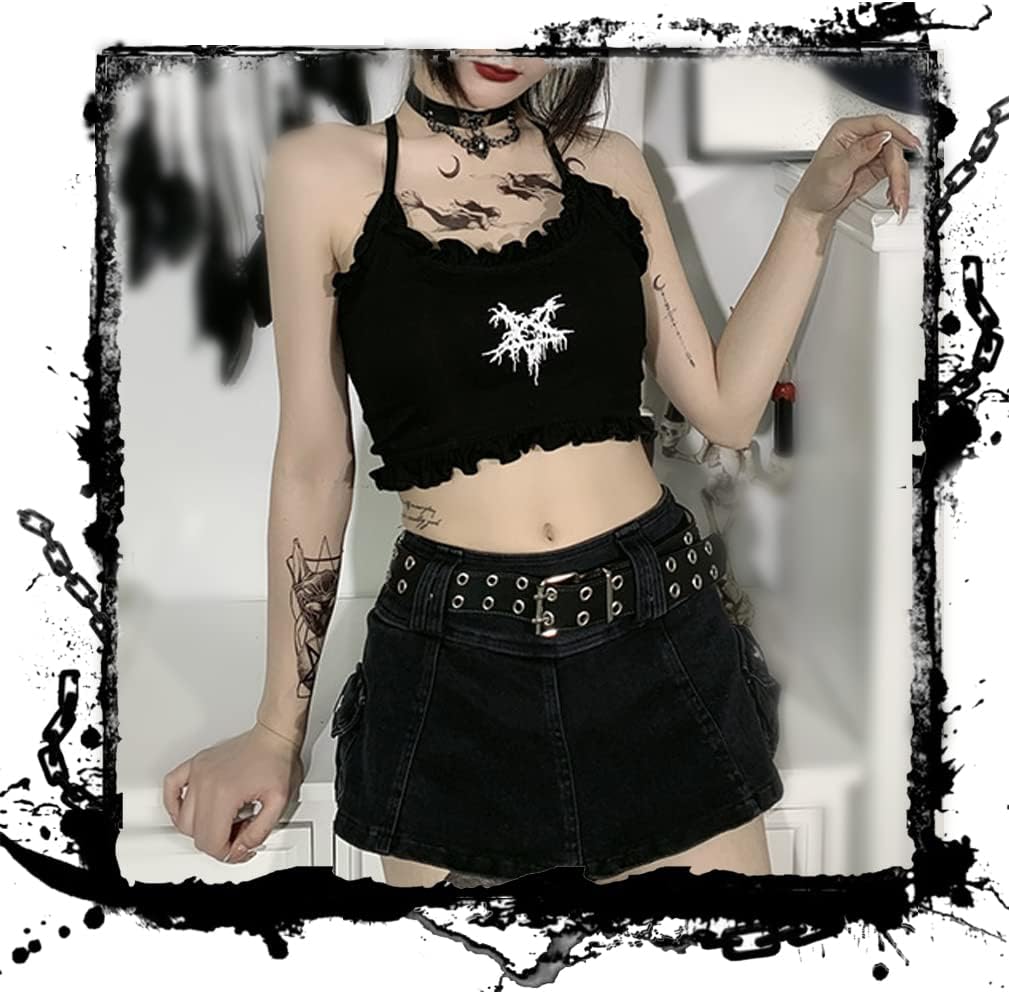 Women Gothic Crop Top Black Cute Cropped Cami Shirt for Teen Girls Punk Summer Camisole