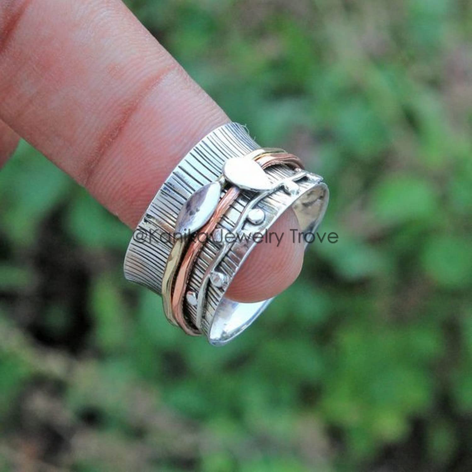 Einzigartige Textur Spinner Ring Angst Ring für Meditaion, 925 Sterling Silber Band, Messing und Kupfer Spinner Ring für Frauen, Geschenkring zum Muttertag (Größe 7)