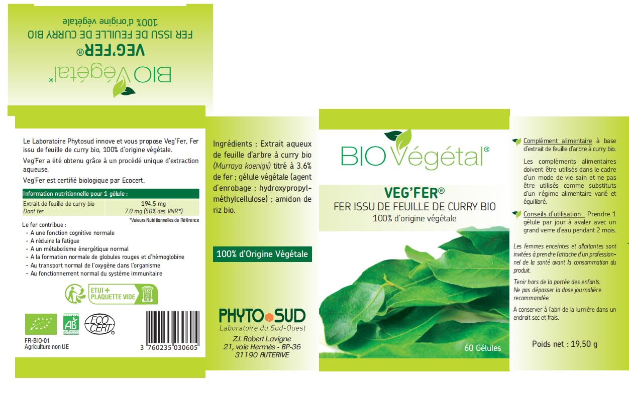 Phyto Sud Veg'Fer - Complément Fer Bio - Fer Complément Alimentaire d'Origine Végétale - Extrait de Feuille de Curry Bio - 60 Gélules de Fer Bio - Cure de 2 Mois - Fabriqué en France