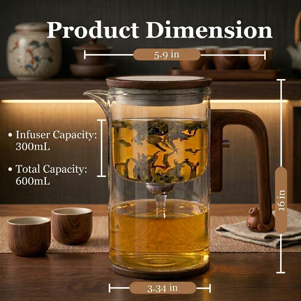 MIIKA Magic Glass Tea Pot with Infuser for Loose Tea – Bottom Dispense Stainless Steel Strainer, Borosilicate Glass, Elegant Tea Scoop, Protective Base and Drip-Free, Easy-to-Clean Design