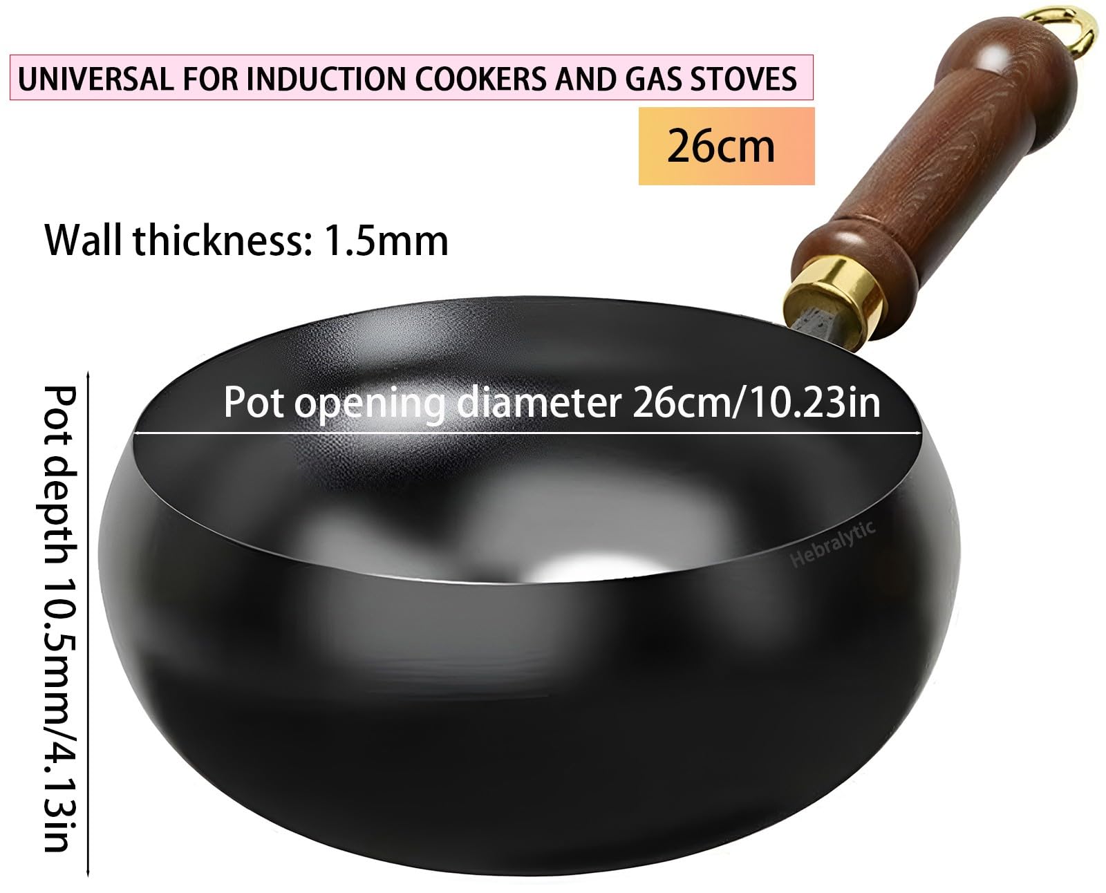 Wok Non Rivestito, A Forma Arrotondata, In Ferro Forgiato A Mano, Antiaderente, Utilizzabile Come Pentola per Stufati O Friggitrice per Piani Cottura A Induzione e A Gas(No lid,26cm)