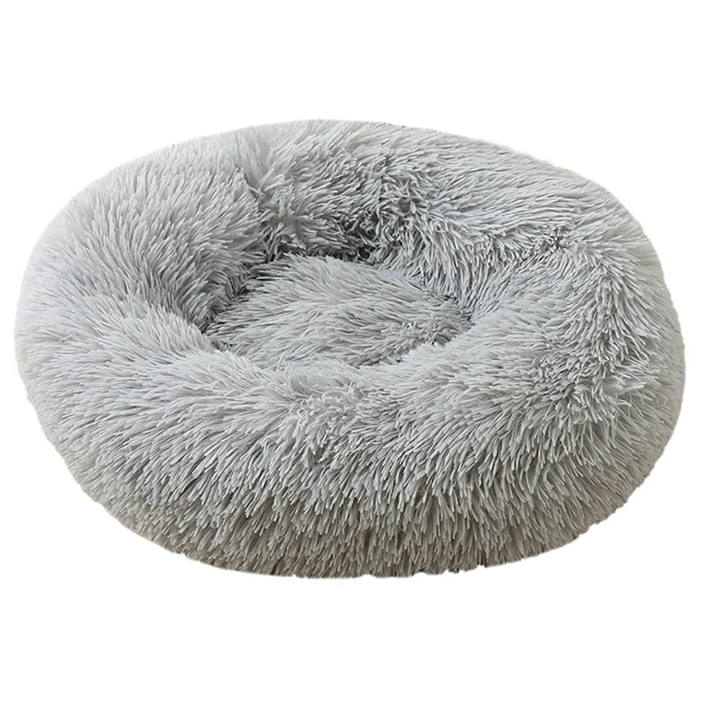 Cozomiz Calming Faux Fur Dog Beds Calming Donut Cuddler Dog Bed Washable Round Cat Bed Pillow Cuddler Fluffy Indoor Dog Calming Beds with Anti Slip Bottom Solid Color Light Grey 35 Inch