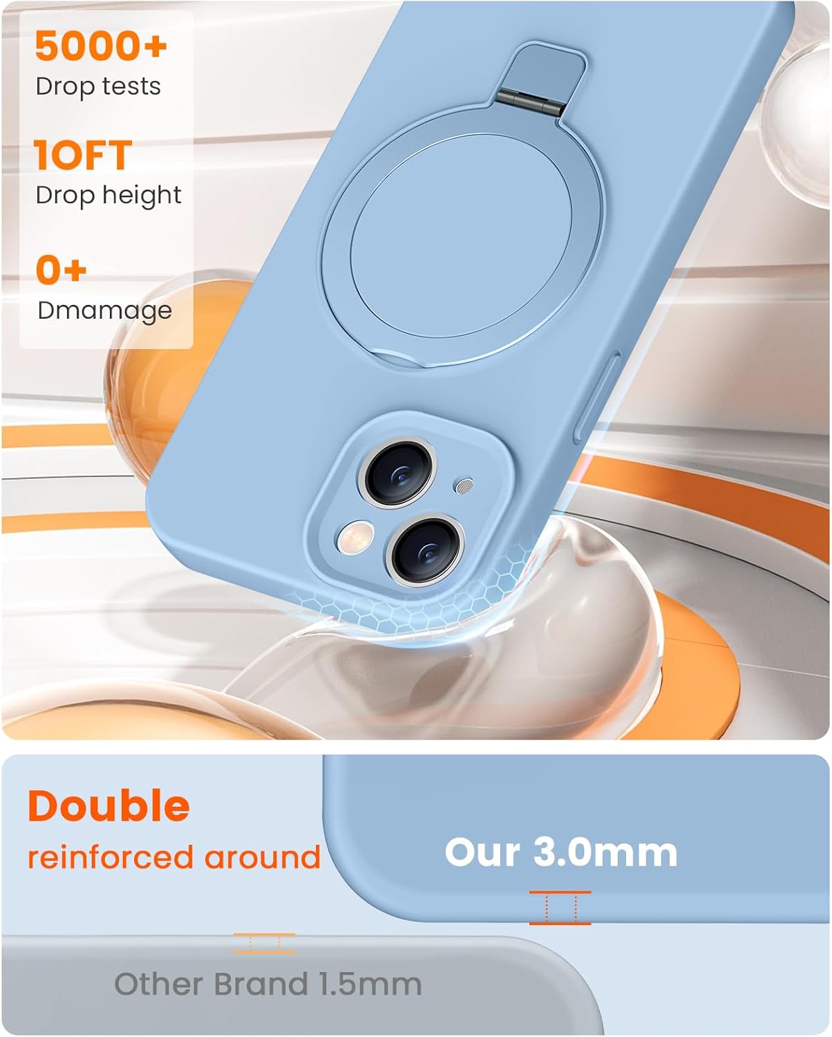 Liquid Silicone Case for iPhone 14 with Magnetic Ring Stand, Upgraded Camera Lens Protection, Mil-Grade Drop Shockproof, Anti-Scratch Microfiber Lining Silicone Case (Azure Blue) - Image 6