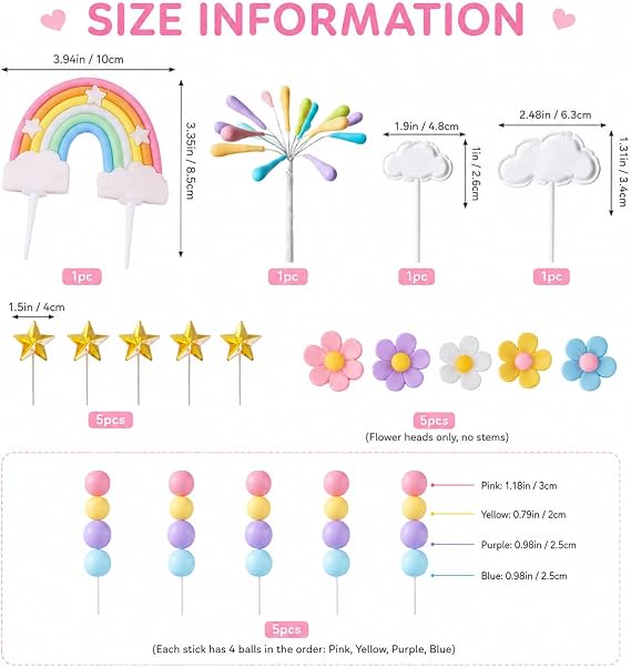 34Pcs Pastel Rainbow Cake Topper with Daisy Flowers, Clouds & Stars