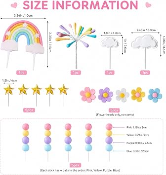 34Pcs Pastel Rainbow Cake Topper with Daisy Flowers, Clouds & Stars