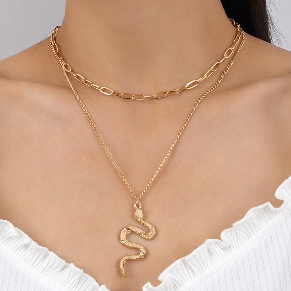 GIGB PBDK Gold Layered Snake Pendant Necklace for Women Vintage Stacked Serpent Paper Clip Chain Choker Minimalist Snake Necklace Birthday Jewelry Accessories - Image 3