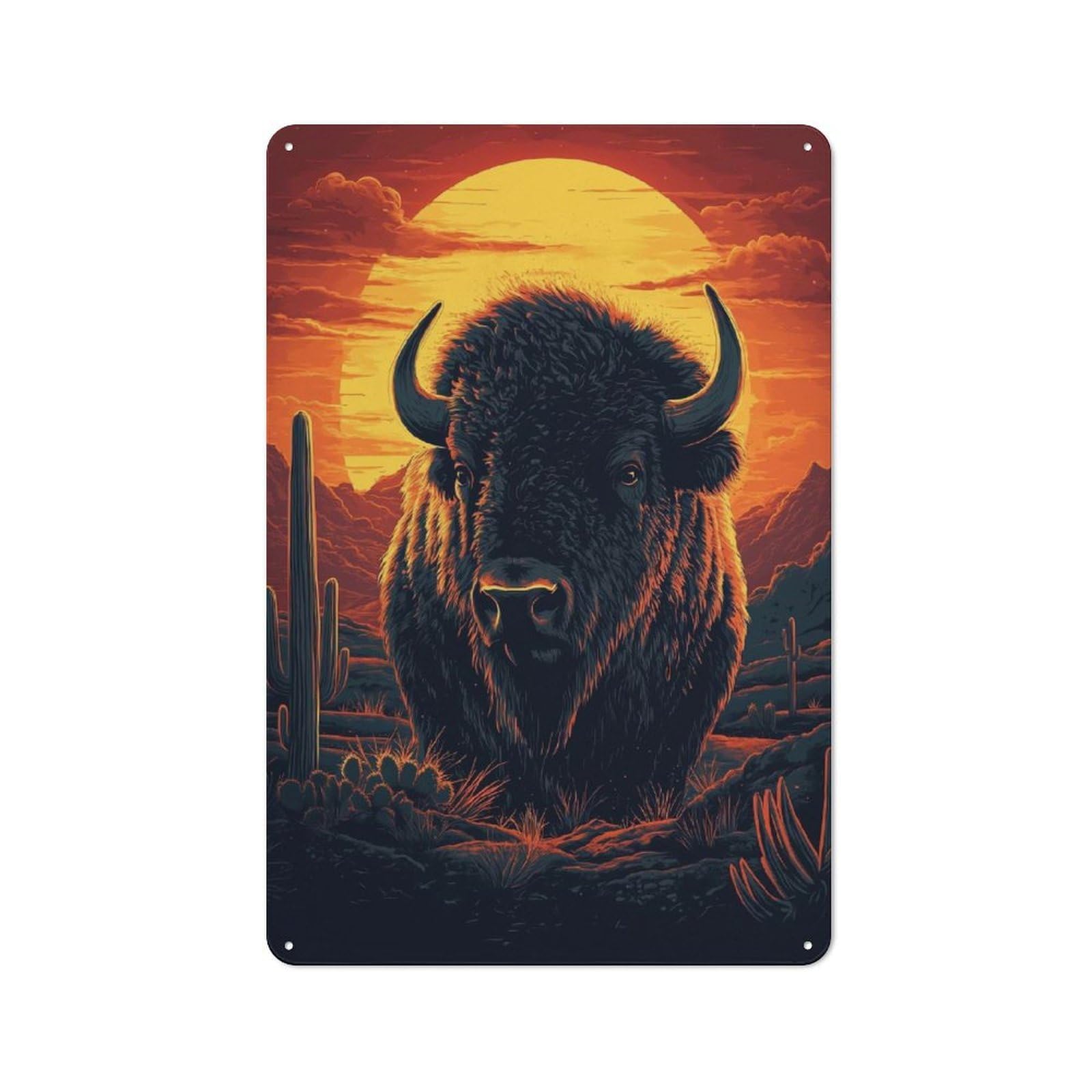 Junmoney Bison In Desert Sunset Tin Wall Plaque 30X20cm With For Bar Or Restaurant, Housewarming Present For People Styling Bar And Restaurant