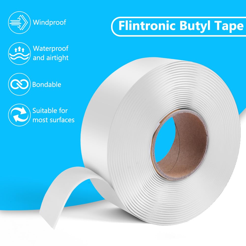 flintronic Taśma butylowa, 10 m samoprzylepna taśma uszczelniająca, 2 mm x 50 mm biała wodoodporna taśma uszczelniająca, wzmocniona taśma samoprzylepna, taśma klejąca do okien i łodzi uszczelniających