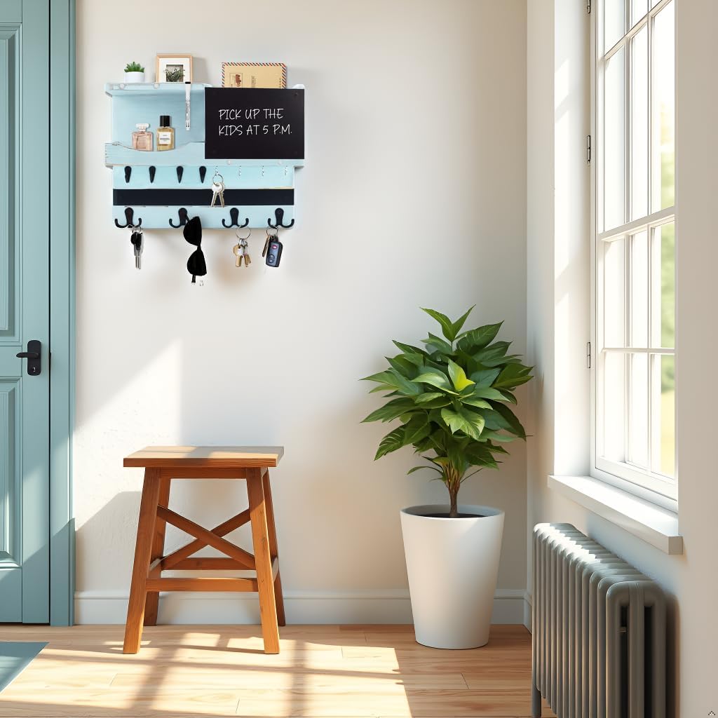 Key Holder for Wall Mount with Shelf and Mail Organizer, Key and Mail Holder with 16 Hooks, Farmhouse Entryway Organizer, Home Decor Rack(Pine Wood,Blue)