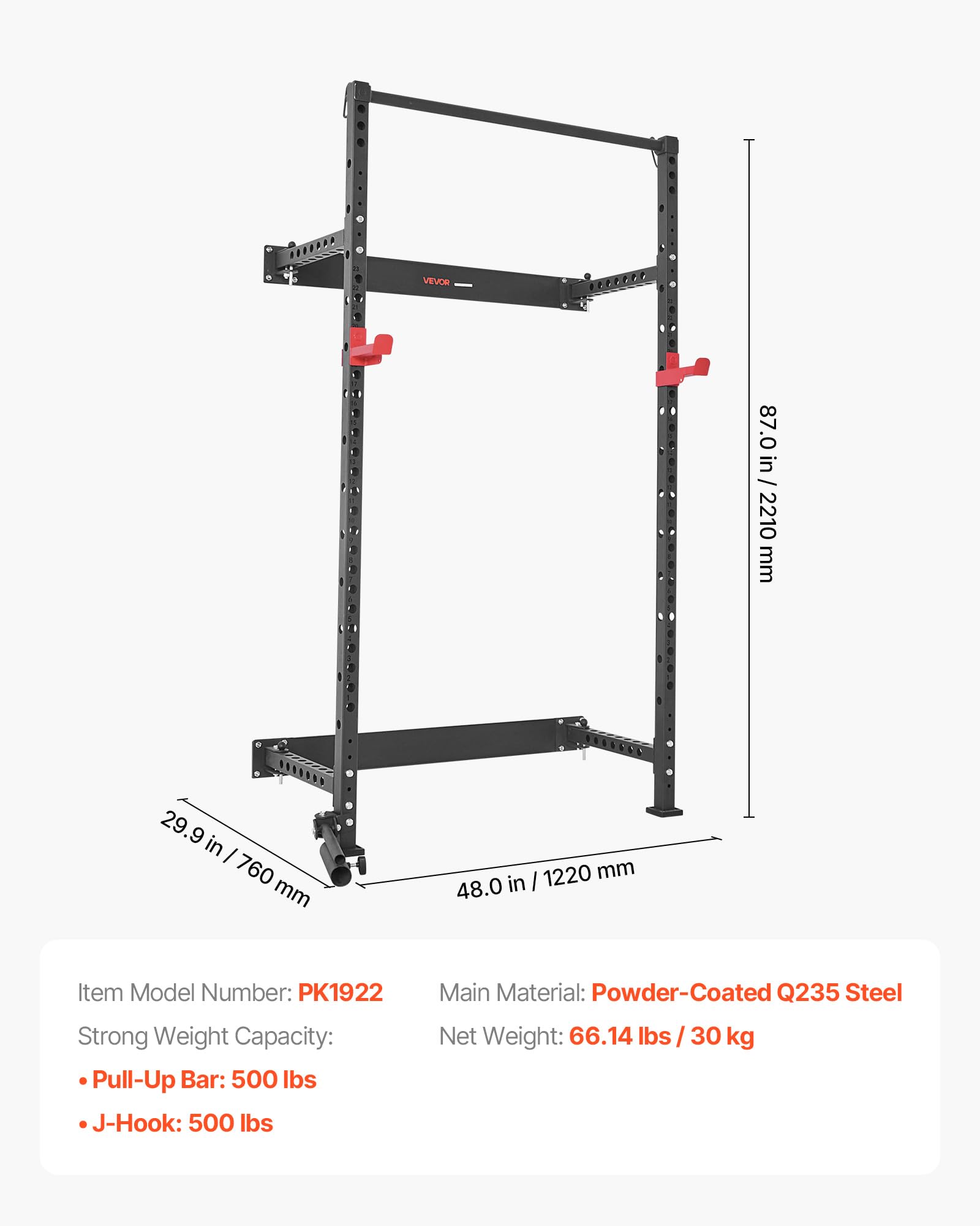 VEVOR Power Cage Klappbar 454 kg Belastbar, Wandmontiertes Power Rack, Multifunktionales Krafttrainingsgerät mit Landminenbefestigung & verstellbaren J-Haken & Klimmzugstange für Heimfitnessstudio