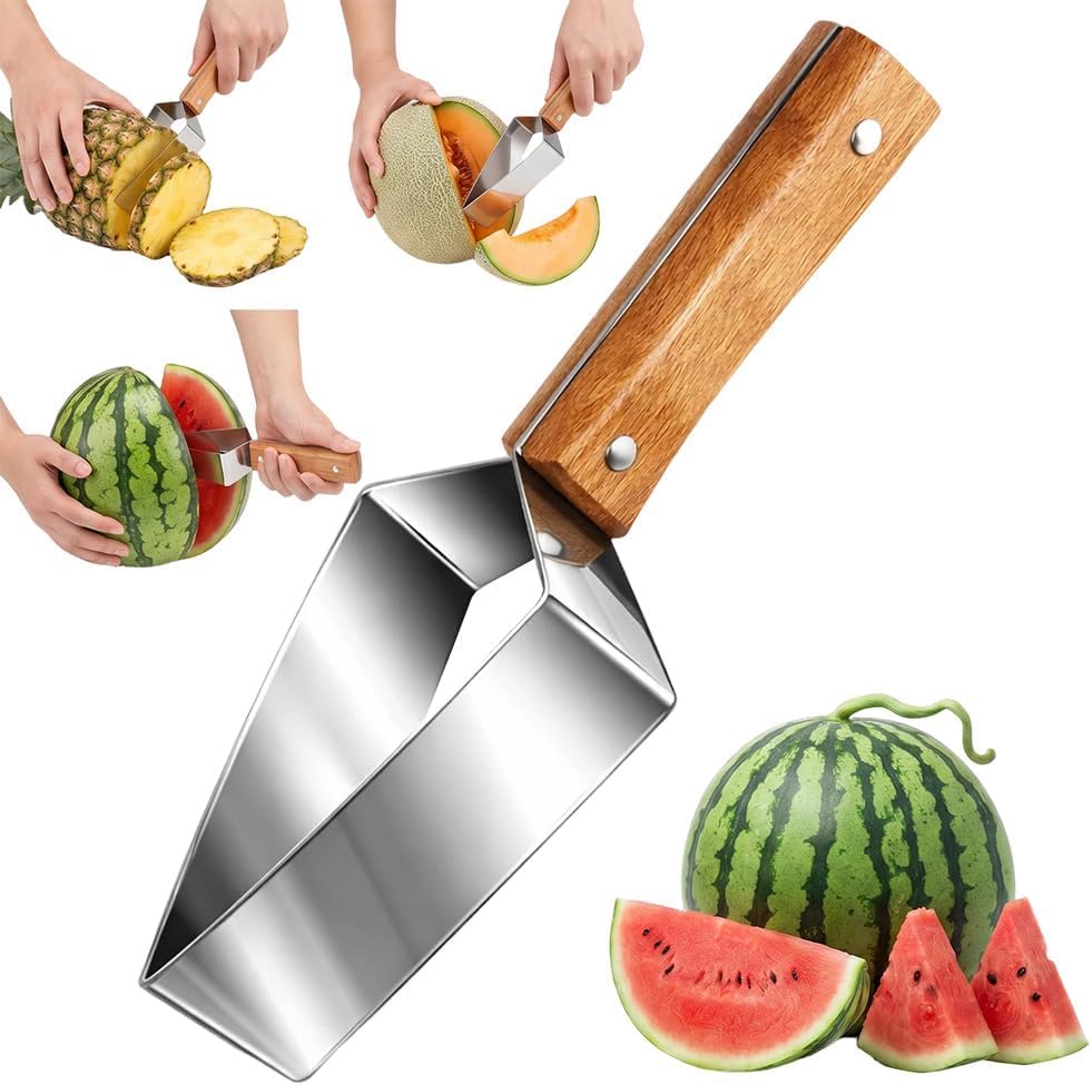 Cortador Triangular Sandía,Cortador Sandía Acero Inoxidable, Herramienta para Cortar Sandía con Mango Madera para Sandías, Melones, Melón Verde y Más (1 PCS)