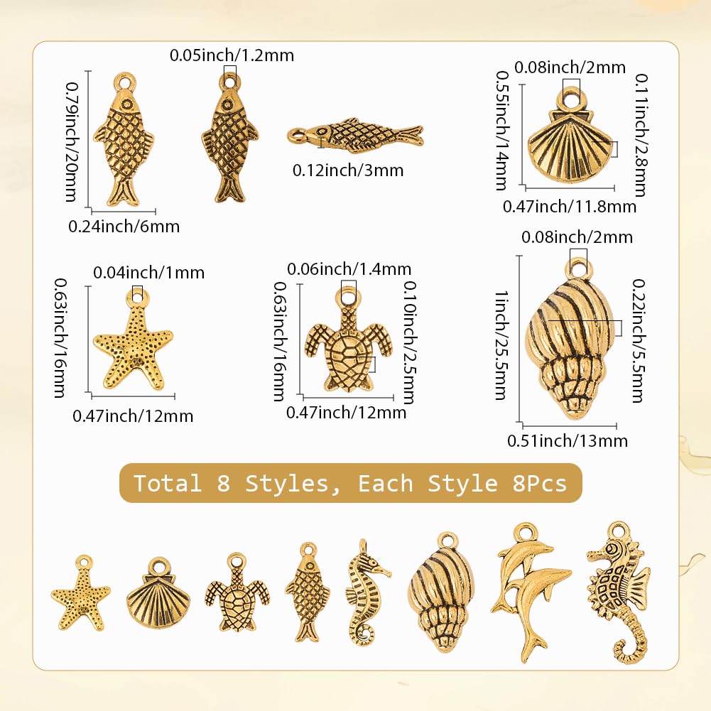 SUNNYCLUE 1 Box 64Pcs 8 Styles Gold Sea Animal Charms Metal Shell Charm Tibetan Alloy Vintage Summer Ocean Animals Turtle Dolphin Dangle Pendants for Jewellery Making Supplies DIY Crafts Necklace - Image 2