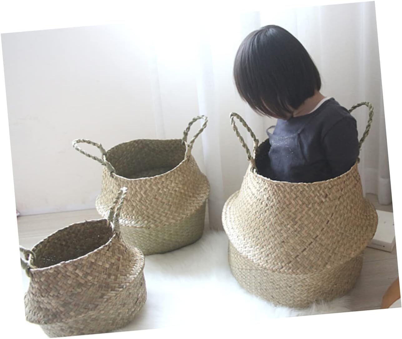 Ciieeo 3pcs Small Storage Basket Picnic Basket Seagrass Rattan Handmade for Flower Plant Eco-Friendly Stacking image 2