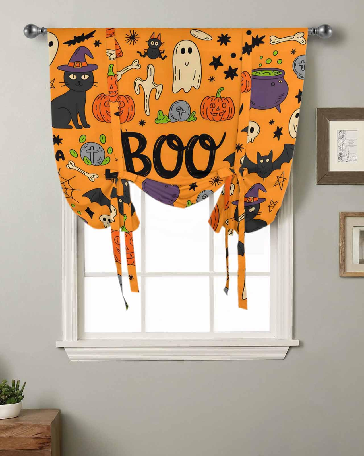 Halloween Tie Up Curtains for Windows 54 Inch Length Balloon Curtains Kitchen Adjustable Balloon Window Shade Orange Cartoon Pumpkin Cat Star Bat Ethnic Tie Up Valance Bathroom Curtain Window 42