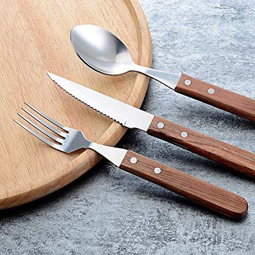 Miniatura 4 de Juego de cubiertos de 12 piezas, cuchillo tenedor, cuchara de acero inoxidable, mango de madera, vajilla de madera