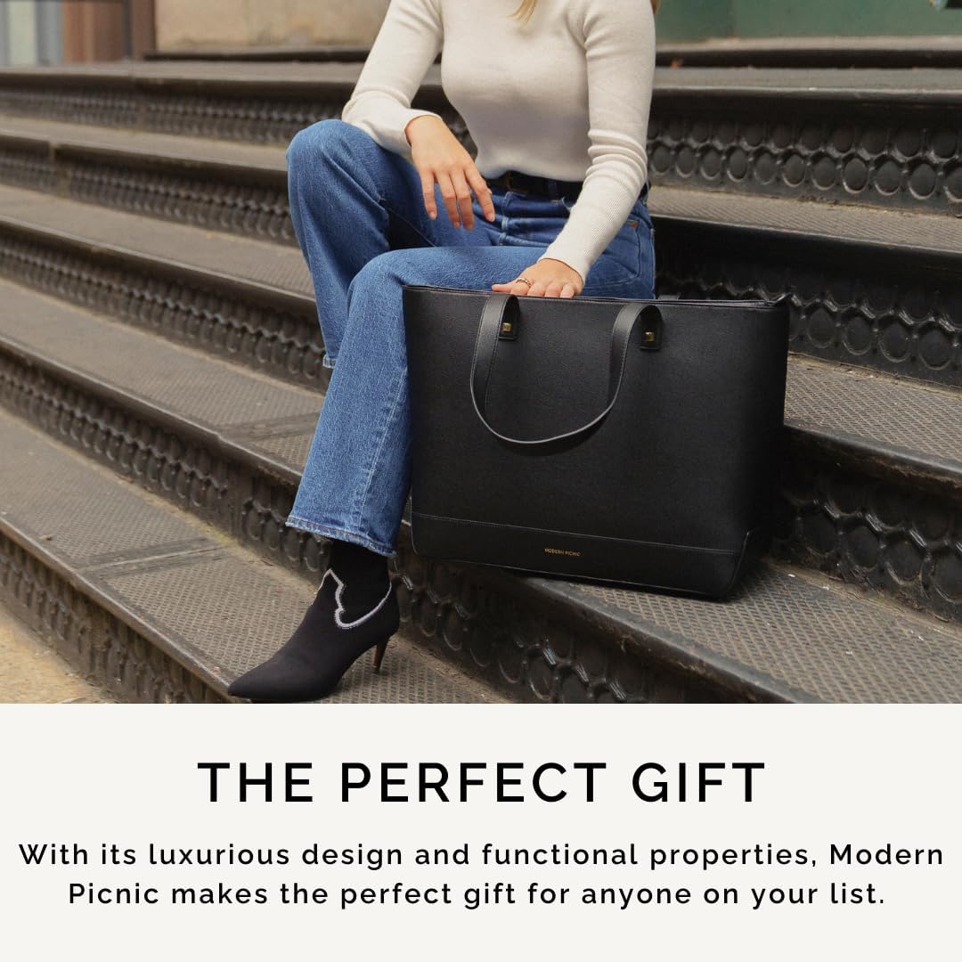 Black Faux Leather Tote with Insulated Pouch