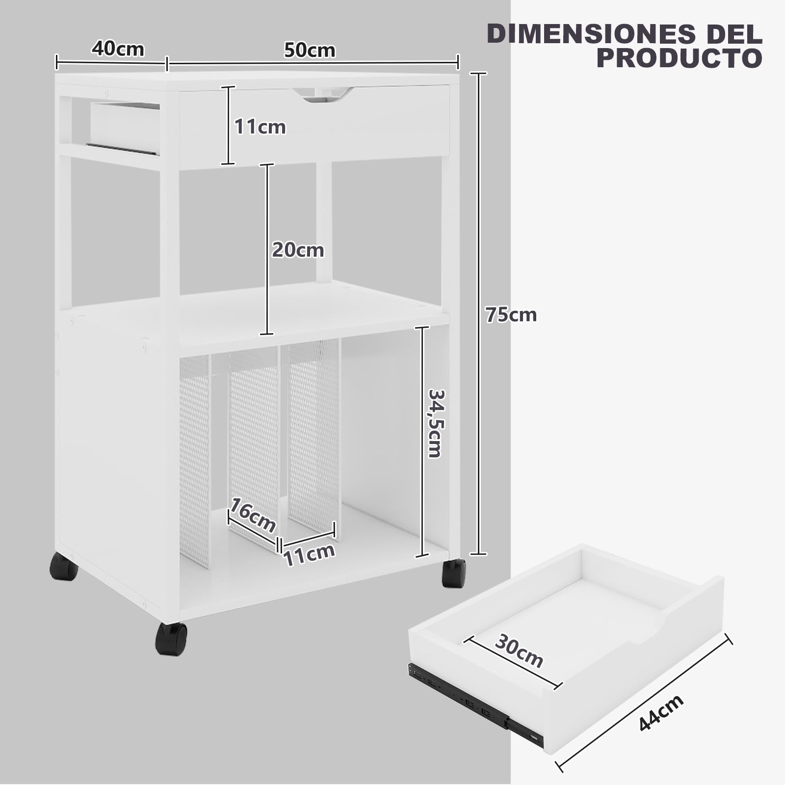 PUNCIA Mueble para Impresora con Ruedas Soporte Rodante de Almacenamiento | Mesa Auxiliar con Cajón y Estantes Abiertos Estantería para discos Carrito Organizador para Oficina y Hogar Blanco