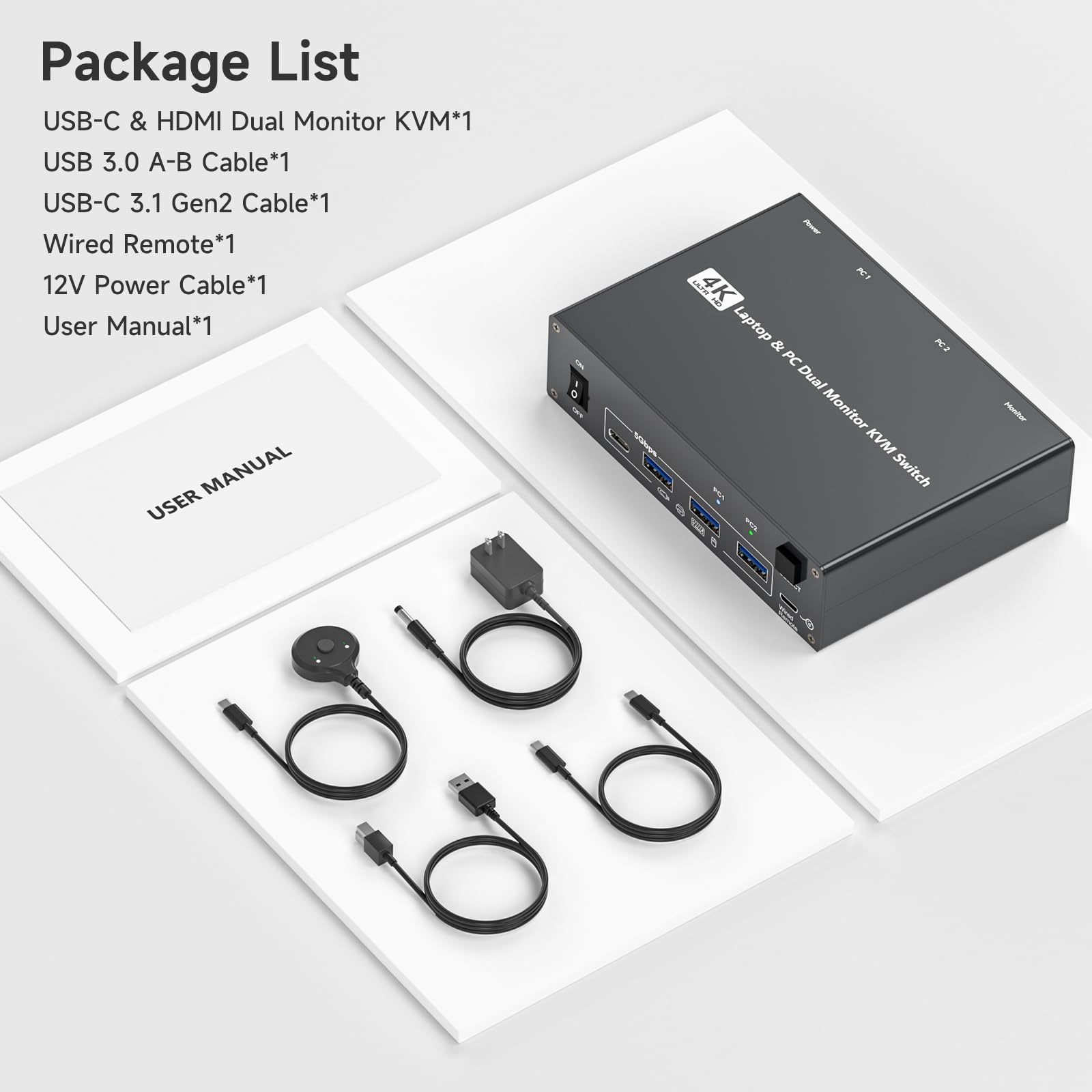 4K USB Type-C Docking KVM Switch 2 Monitore 2 Computer USB-C & Dual HDMI 4K @ 60Hz Dual Monitor KVM Switches für Laptop und Desktop, PD 100W Laden, mit Typ-C 3.1 Gen 2 Kabel & kabelgebundener