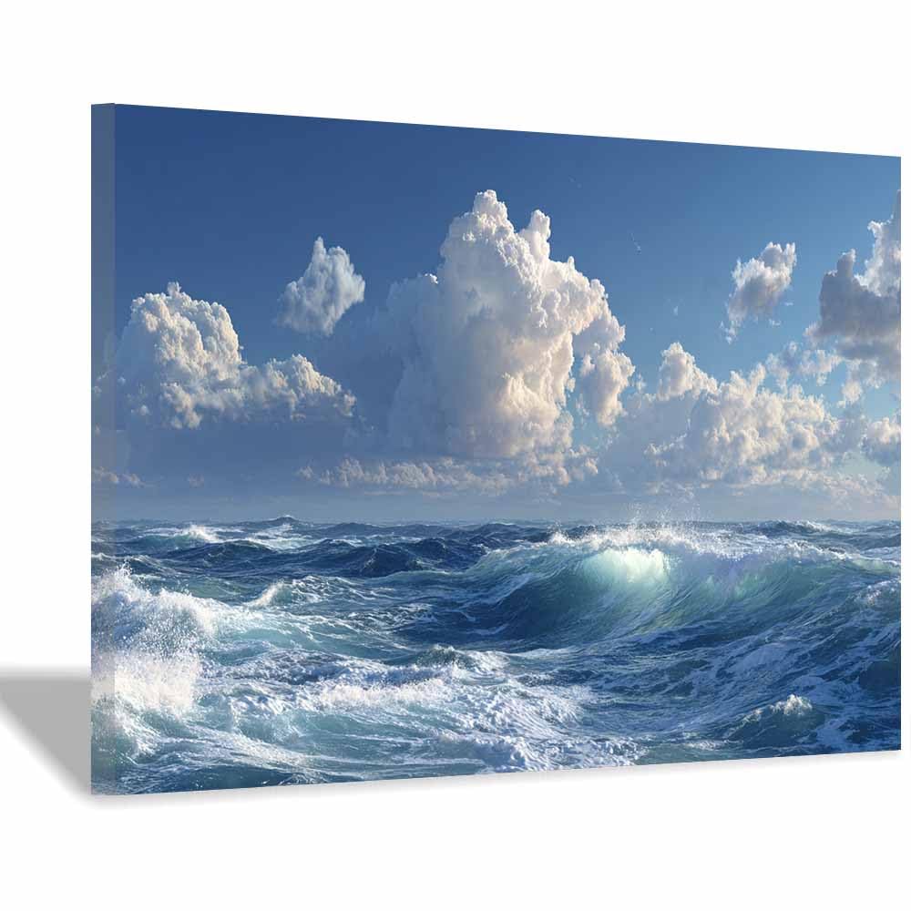 HOQIU Beautiful wall art Blues Ocean Waves Viewss canvas artwork for wall, art prints, For living room, bedroom, bathroom, dining room, painting and decor.(Multicolor)-60x80cm Framed