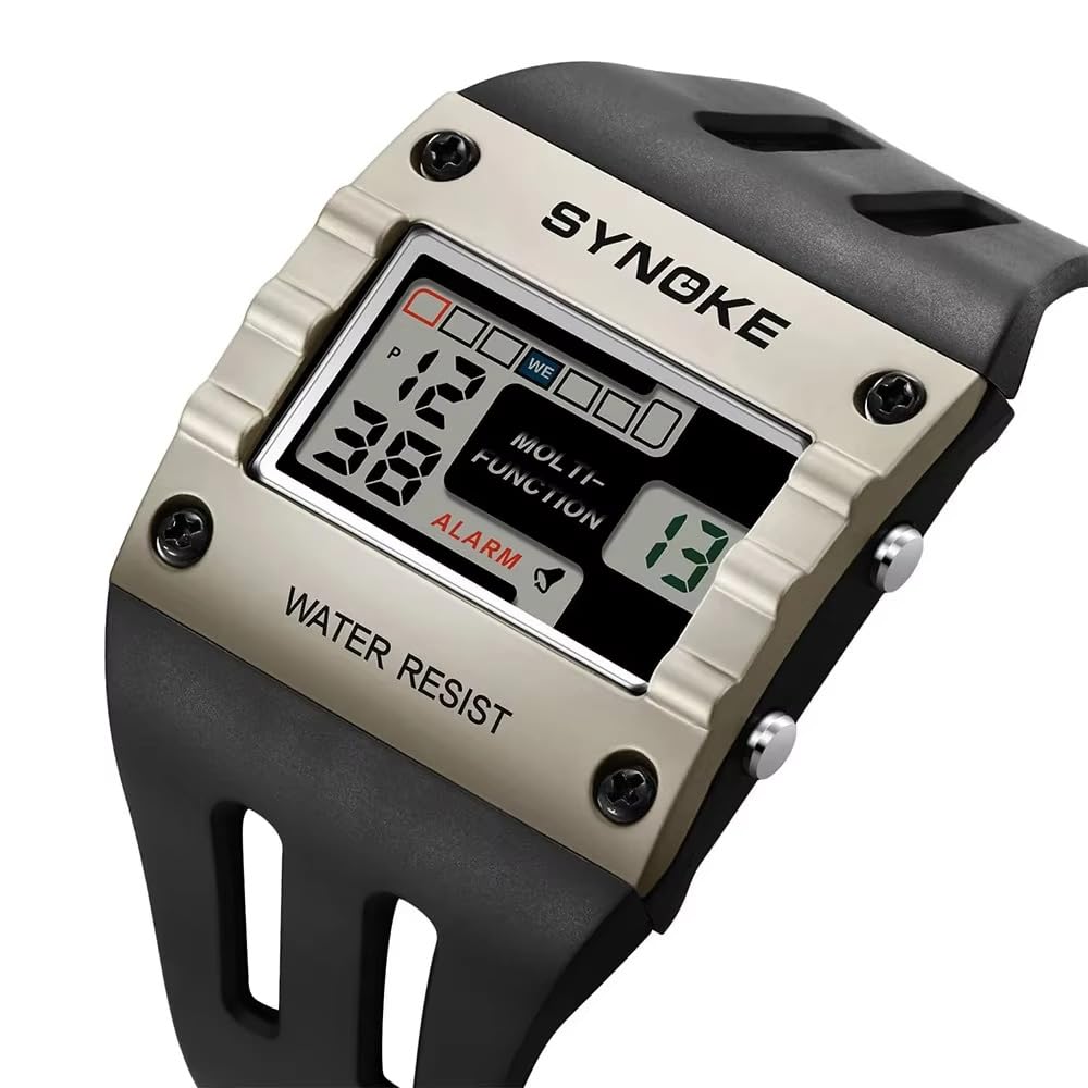 Orologio da polso da uomo, stile retrò, sportivo, digitale, multifunzione, con quadrante grande, rettangolare, retroilluminato, cinturino in poliuretano, cronometro, sveglia, data, stile casual