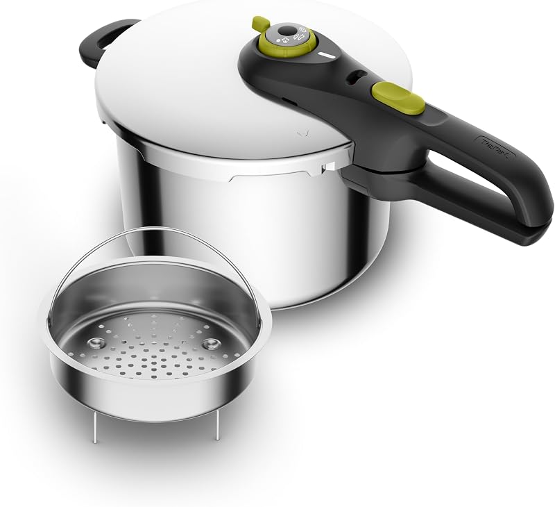 Secure Stainless Steel Stovetop Pressure Cooker, 6.3 qt, Induction | 5-point safety locking system, Steam basket included, 2 pressure cooking modes, Dishwasher-safe body, Sliding handle