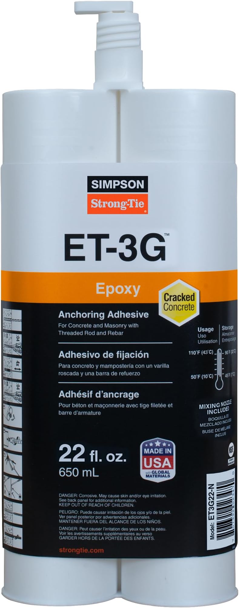 Simpson Strong-Tie ET3G22-N ET-3G 22 oz. Epoxy Adhesive Cartridge w/Nozzle and Extension