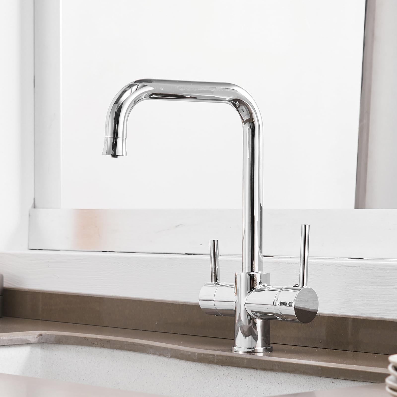 ZQFHSX 3 Way Kitchen Sink Faucet Rotation Pure Water Brass Faucet-Oatmeal Color