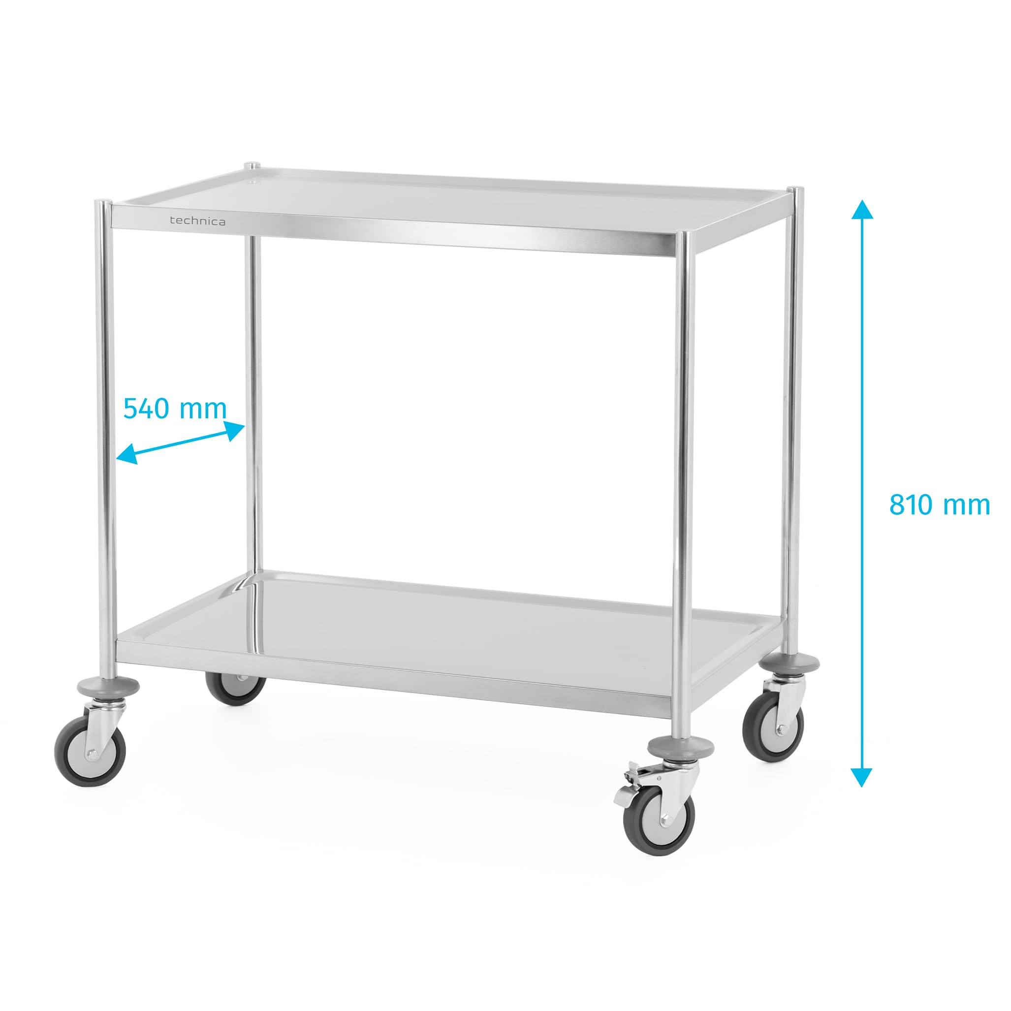 TECHNICA Wózek do serwowania ze stali nierdzewnej z 2 półkami, kółkami i hamulcami, bez uchwytów, 860x540x810 mm, wózek kuchenny, wózek cateringowy, wózek transportowy, cichy i stabilny