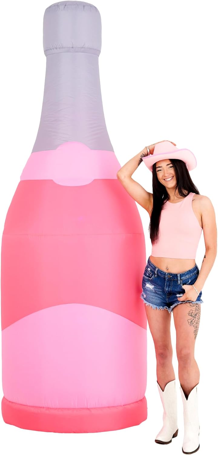 8ft Tall Bubbly Pink Blow-Up Champagne Bottle, Pink LED Lights, Large Inflatable Champagne Bottle Decoration for Bachelorettes, Weddings, Pool Parties, Celebrations, and Greek Life Party