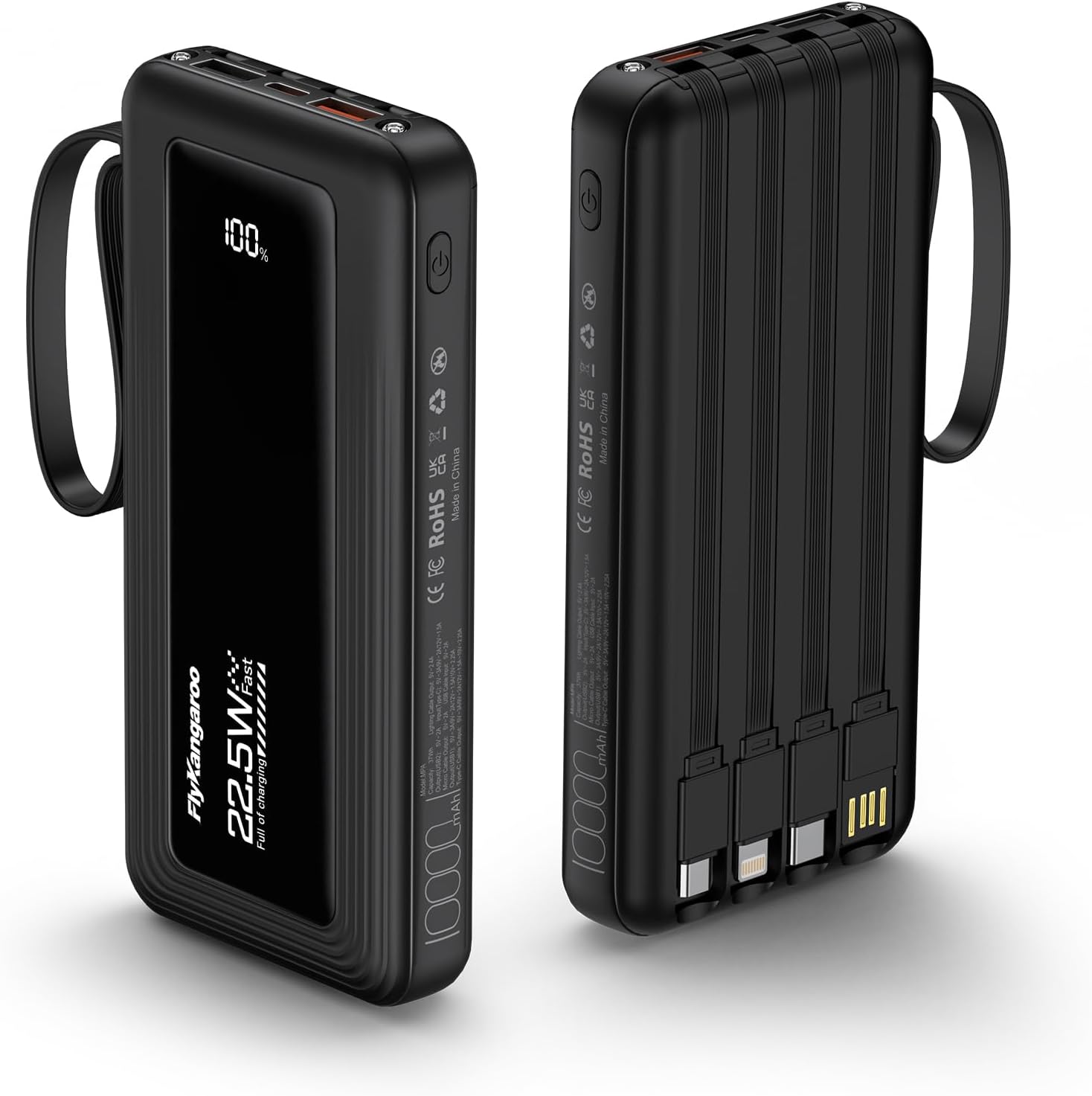 Portable Charger with Built in Cables, Slim 10000mAh Fast Charging 22.5W Power Bank USB C LED Display Battery Pack 6 Outputs & 2 Inputs for iPhone Samsung Pixel LG Moto iPad
