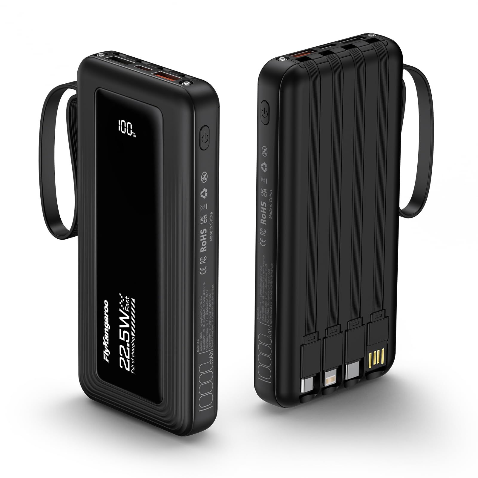 Portable Charger with Built in Cables Slim 10000mAh Fast Charging 22 5W Power Bank USB C LED Display