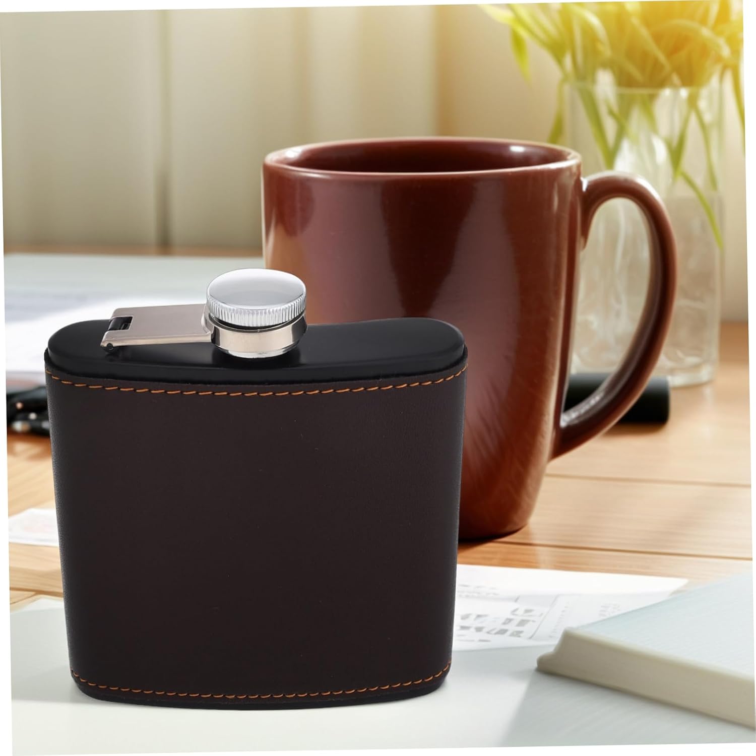 6oz Convenient Stainless Steel Flask Leather Wrap Leakproof Portable Liquor Container for Outdoor Adventures and Camping Deep Brown image 5