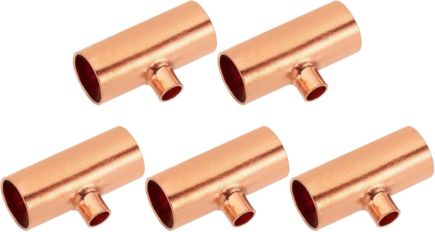PATIKIL 5/8" x 1/4" x 5/8" ID Reducing Tee Copper Fitting, 5pcs 99.9% 3 Way Pure Copper Pipe Tube Connector Adapter Reducer with Sweat Solder Connection for HVAC Refrigeration System