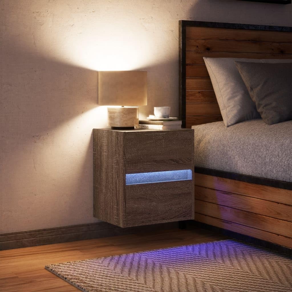 Wandmontierter Nachttisch mit RGB LED Beleuchtung, 2 Schubladen Stauraum, Holzwerkstoff Nachttisch für Schlafzimmer, Wandbefestigung Möbelstück mit USB Anschluss