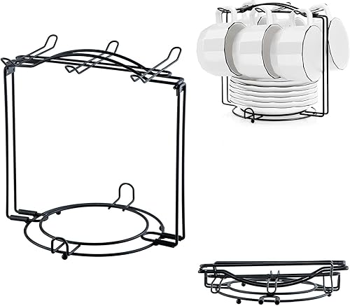 YOLIFE Soporte para tazas de té. para 6 tazas, 6 platitos, 6 cucharas, desarmable., Negro
