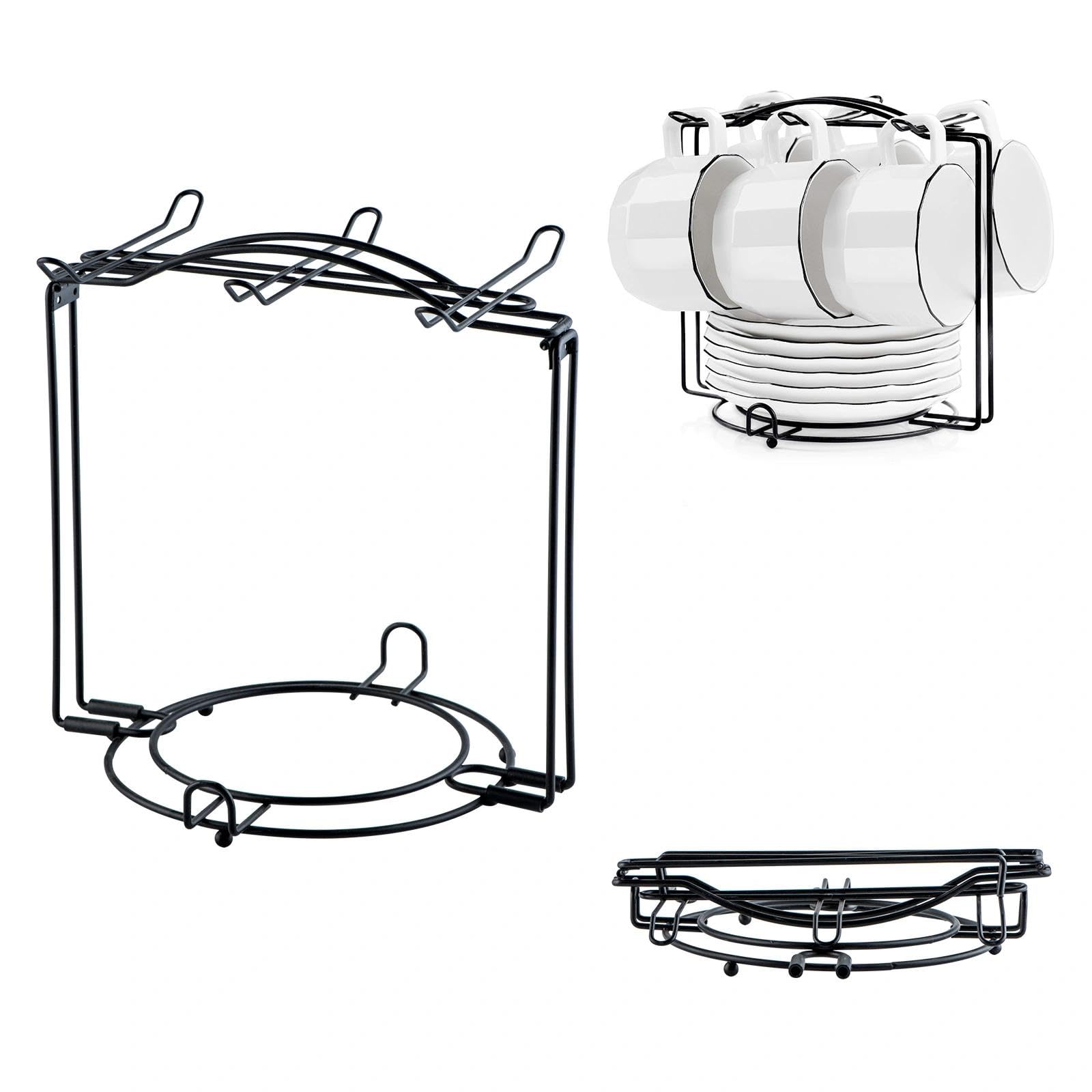 YOLIFE Tea Cup Holder for Countertop, Metal Cup and Saucer Display Stand, Foldable Tea Station Organizer, Espresso Coffee Cups Rack for Home or Bar