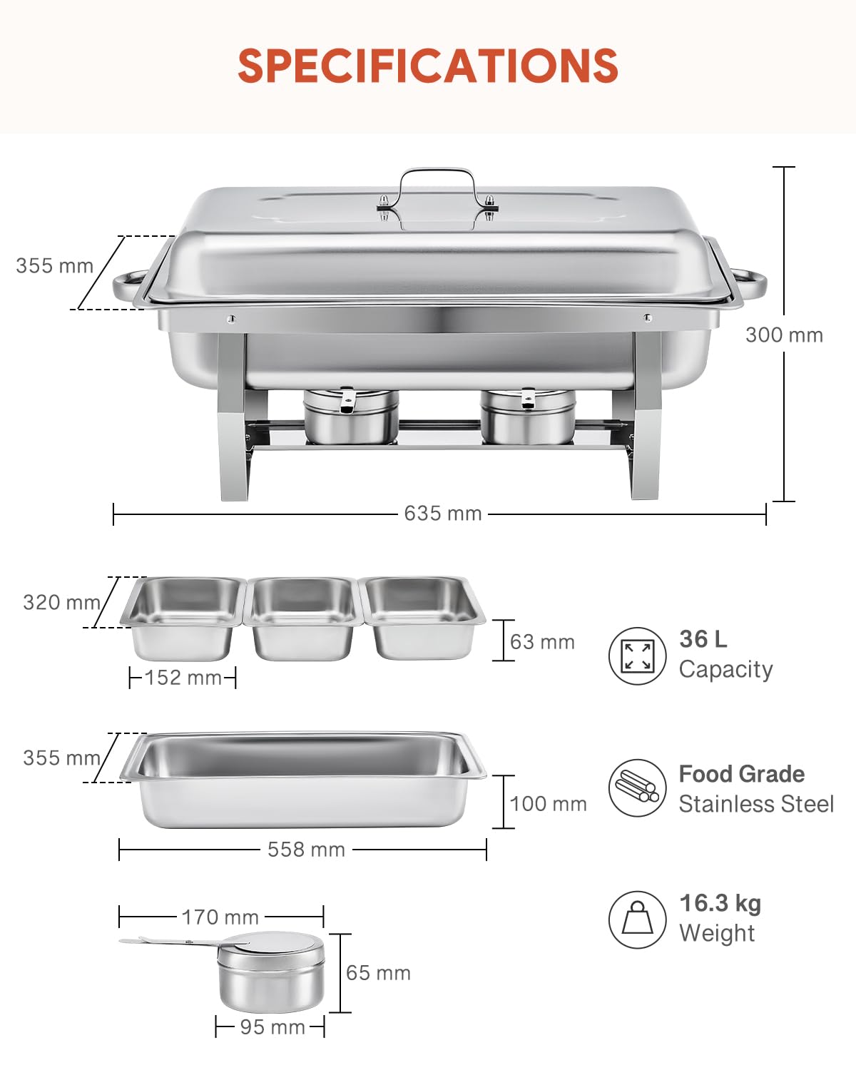 9L Acciaio Inox Rettangolari Catering Server, Buffet Servers E Scaldabagni, Chafing Dish Buffet Set, per Party, Feste, Matrimoni, Banchetti, Argento